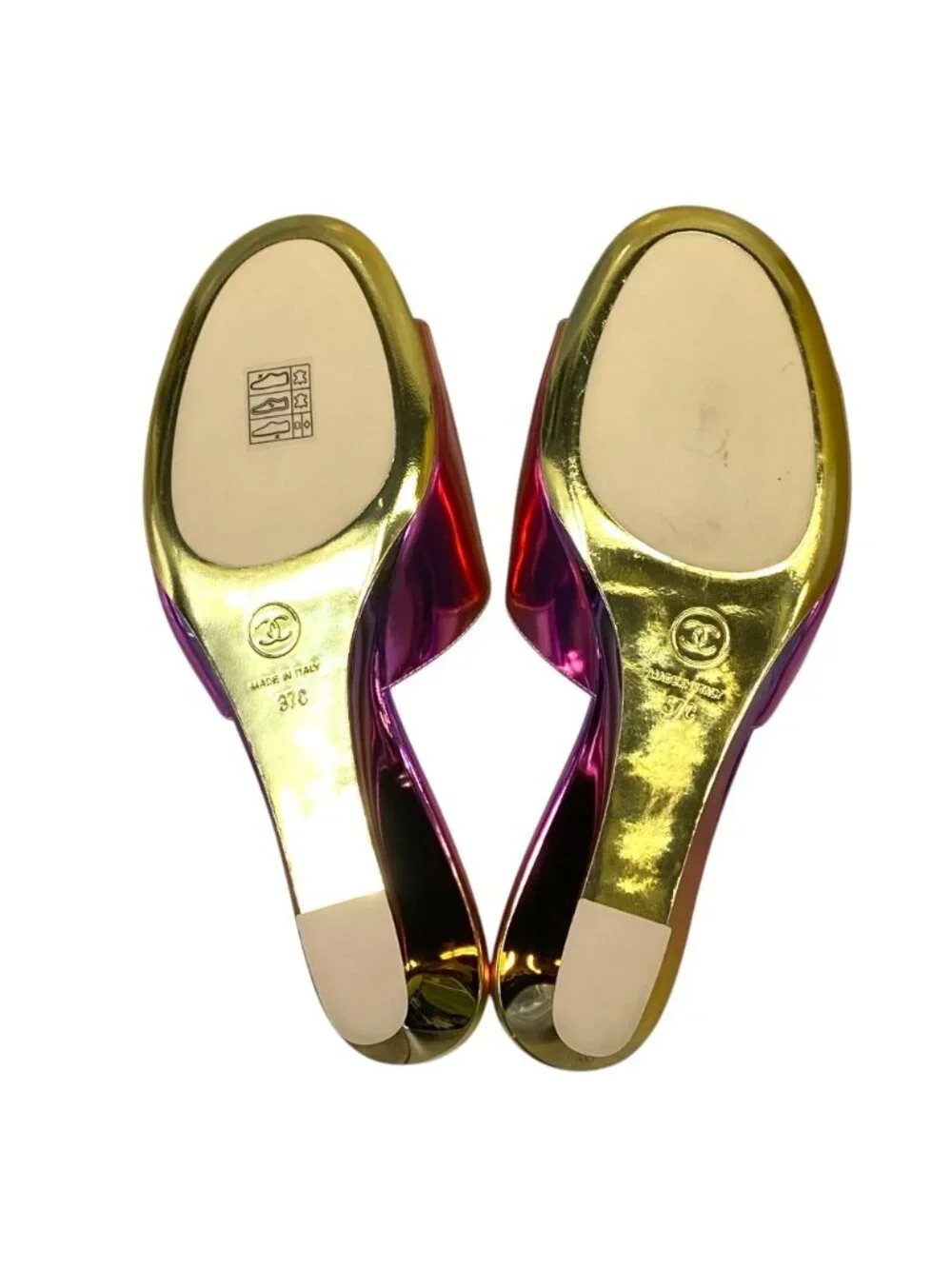 Chanel CC Logo Sandals Rainbow Aurora Leather Gold Pink